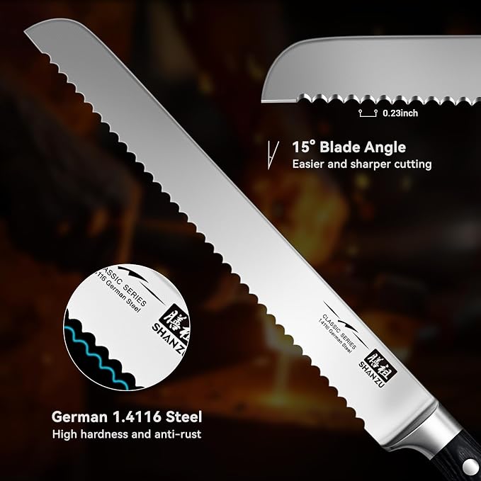 SHAN ZU 10" Bread Knife - Sourdough Slicing Knife Professional German 1.4116 Stainless Steel Serrated Blade, Ergonomic Wood Handle & Full Tang Design, Gift Box Included (Single-Edge
