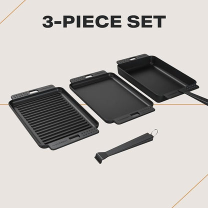 Current® Cast Iron Sizzle Plates 3-Piece Set - Deep Pan, Shallow Pan, Grill Pan with Removable Handle, Pre-Seasoned, Heat Retention, Compatible Model P Pizza Oven