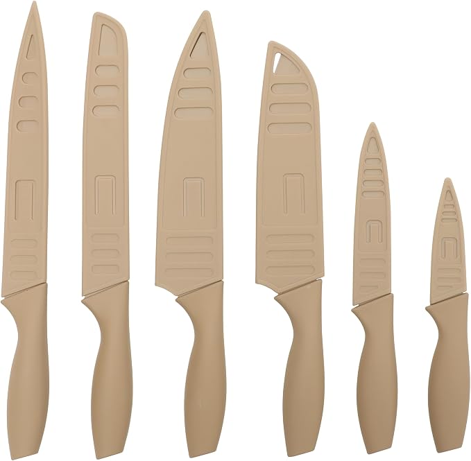 Gibson Home Bostonville 12 Piece Kitchen Knives Set W/Blade Guards/Sheaths, Chef Knife Sets With Nonstick Blades - Taupe