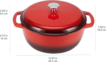 Amazon Basics Enameled Cast Iron Dutch Oven Pot with Lid, Round, Dual Handles, Heavy-Duty, Oven Safe for Stews, Roasting, Baking, 6-Quart, Red