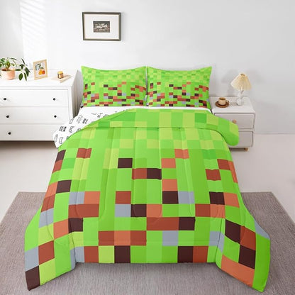 Manfei Pixelated Blocks Kids Comforter Set Full Size,Gamepad Miners Video Games Boys Duvet Set Teens Bedroom Decor,Geometric Camouflage Grid Microfiber Soft Bedding 3Pcs,Green Brown
