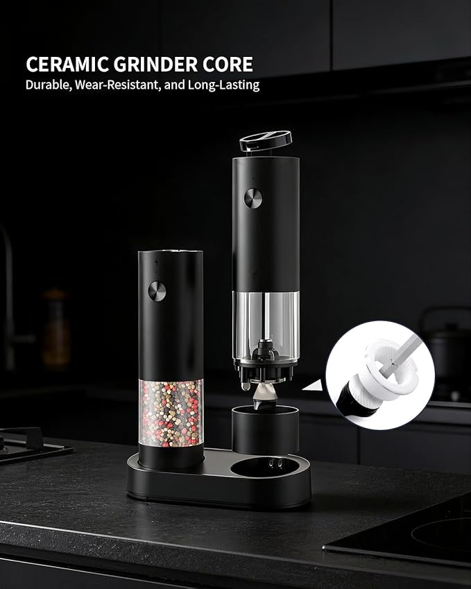 CIRCLE JOY Electric Salt and Pepper Grinder Set with Charging Base, Rechargeable Automatic Pepper Mill, Adjustable Coarseness, LED Light, 140ml Large Capacity