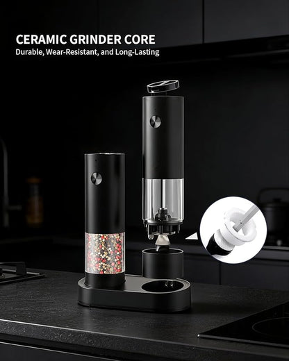 CIRCLE JOY Electric Salt and Pepper Grinder Set with Charging Base, Rechargeable Automatic Pepper Mill, Adjustable Coarseness, LED Light, 140ml Large Capacity