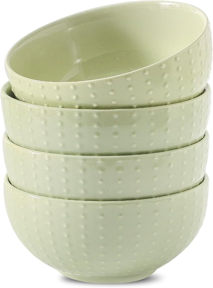 HASENSE Ceramic Cereal Bowls Set of 4, 26 Oz Embossed Soup Bowls for Kitchen, Modern Cereal Bowls, Microwave & Dishwasher Safe, Stackable Serving Bowls for Salad, Pasta, Oatmeal, Fruit, Green