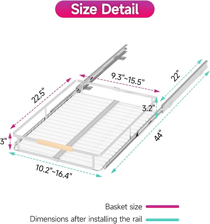 SUZLON Pull Out Cabinet Organizer, Expandable(10.2""~16.4"") Cabinet Drawers Slide Out, Adjustable Width Roll 0ut Shelf Cabinet Organizer for Kitchen Base Cabinet Organization (Small, 2Pack)