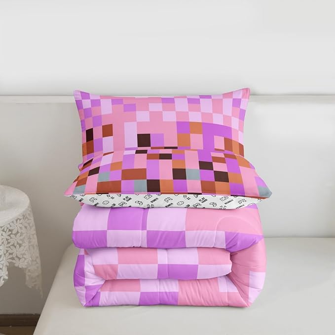 Pixel Grid Theme Comforter Set with 2 Pillowcases,Video Gaming Blocks Super Soft Microfiber Bedding Set for Adults Teens,Geometric Colorful Plaid Lattice Pink Purple Duvet Set for Room Decor,King