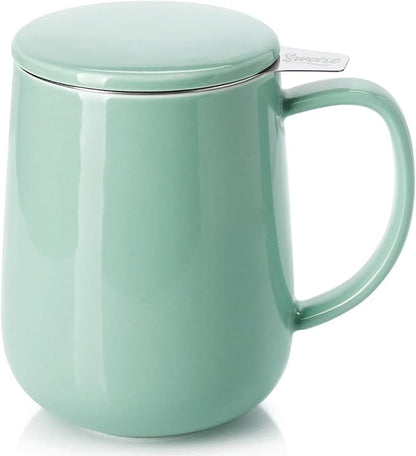 Sweese 20 OZ Porcelain Tea Mug with Infuser and Lid, Loose Leaf Tea Cup, Gifts for Tea Lover - Mint Green
