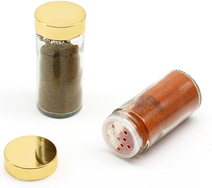 Tianifa 2pcs Gold Spice Jars, 3 oz Glass Seasoning Bottles, Spices Container, Empty Spice Jars, Round Spice Bottles with Airtight Plastic Caps with Shaker Lids (2, gold)