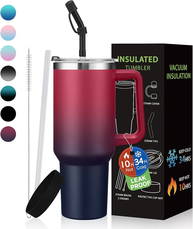 BENZZO Water Bottle, 40 oz Tumbler with Lid and Straw - Leakproof Travel Mug Thermal Cup 40oz, Insulated Tumblers Stainless Steel for Hot and Cold for 34H, Gifts for Women Man Mother Father Birthday