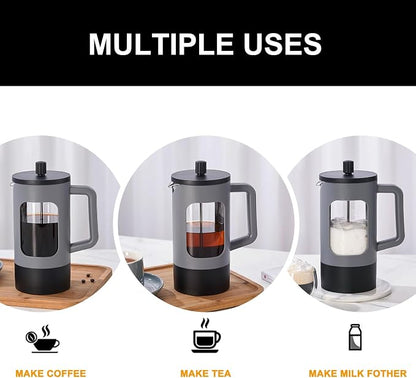 YOLIFE French Press Coffee Maker, 34 oz / 4 Cup Coffee Tea Press with Heat-resistant Borosilicate Glass, 4-Level Filtration Systems, Cold Brew Coffee Maker for Camping Travel Gifts, Grey and Black
