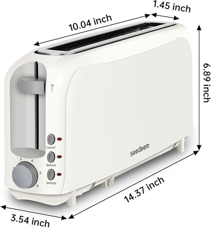 SEEDEEM 2 Slice Slim Toaster, Single 10" Long Slot Toaster Fits Bagels & Artisan Bread, 6 Shade Settings, Cancel/Reheat/Defrost, Removable Crumb Tray, Auto Shut-Off, White