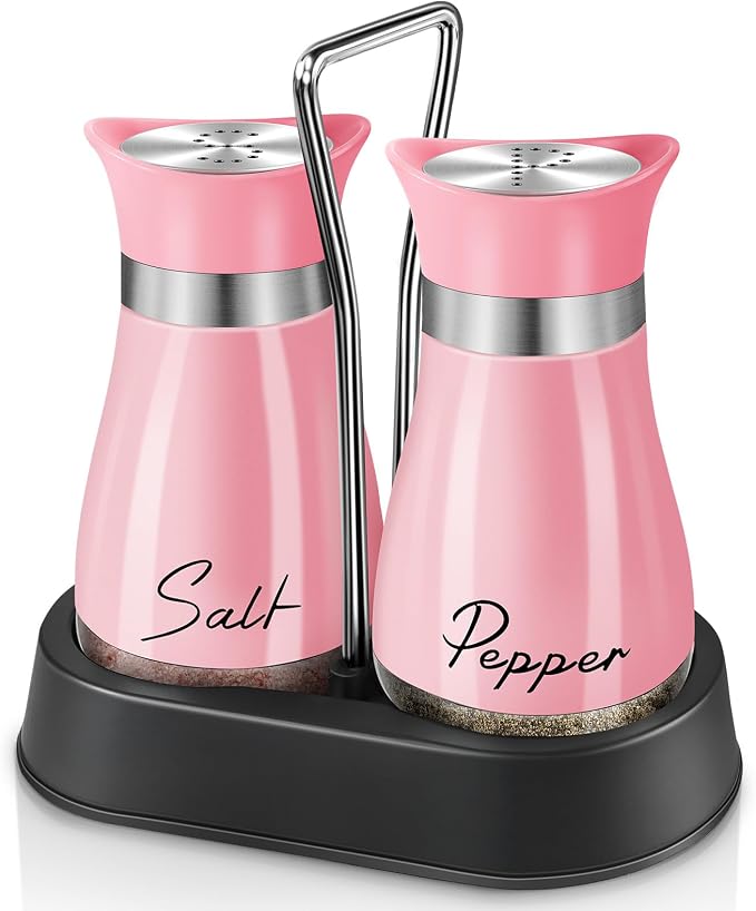 Salt and Pepper Shakers, Farmhouse Salt and Pepper Shakers Set with Holder, electroplated Handle, 4 oz Stainless Steel Glass Bottle Dispenser, for Table, RV, Camp, BBQ (Pink)