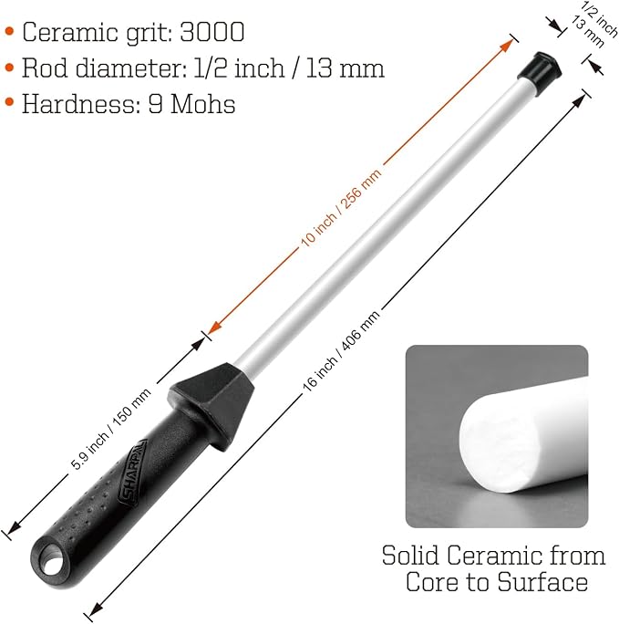 SHARPAL 118H Ceramic Honing Rod - Professional Knife Sharpener Steel, Ceramic Sharpening Rod for Kitchen Knives, Built-in Angle Guide, Anti-Break Cap, Durable Sharpening Stick Fathers Day Gift