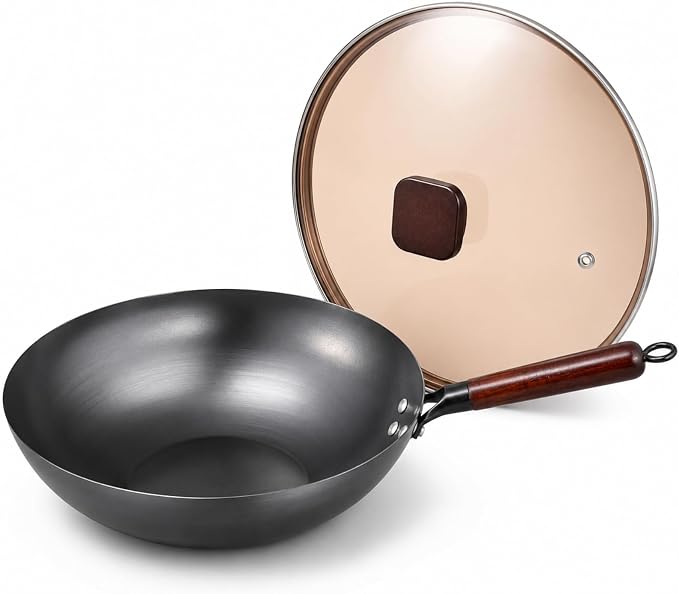 Calmabode 12” Flat Bottom Carbon Steel Wok with Glass Lid | Pre-seasoned nitrided carbon steel, amber glass lid, even heat base, ideal for wok hei, stir-fry and family meals
