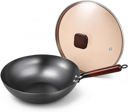 Calmabode 12” Flat Bottom Carbon Steel Wok with Glass Lid | Pre-seasoned nitrided carbon steel, amber glass lid, even heat base, ideal for wok hei, stir-fry and family meals