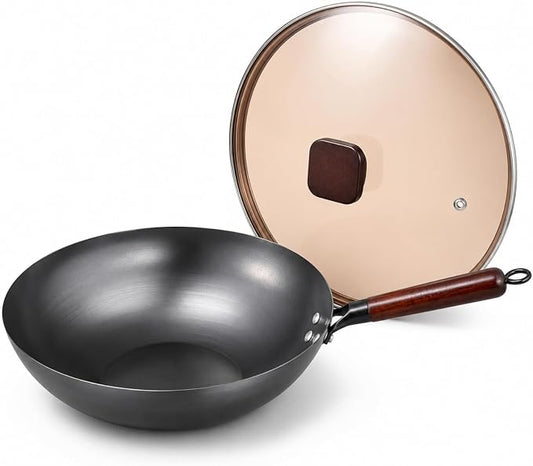 Calmabode 12” Flat Bottom Carbon Steel Wok with Glass Lid | Pre-seasoned nitrided carbon steel, amber glass lid, even heat base, ideal for wok hei, stir-fry and family meals