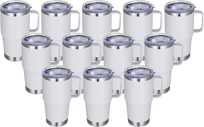 20 oz Stainless Steel Tumbler with Handle Bulk Metal Insulated Tumblers Travel Coffee Mug with Handle Double Wall Tumbler Cup with Lid and Straw, White 12 Pack