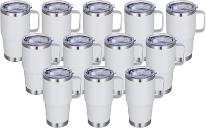 20 oz Stainless Steel Tumbler with Handle Bulk Metal Insulated Tumblers Travel Coffee Mug with Handle Double Wall Tumbler Cup with Lid and Straw, White 12 Pack