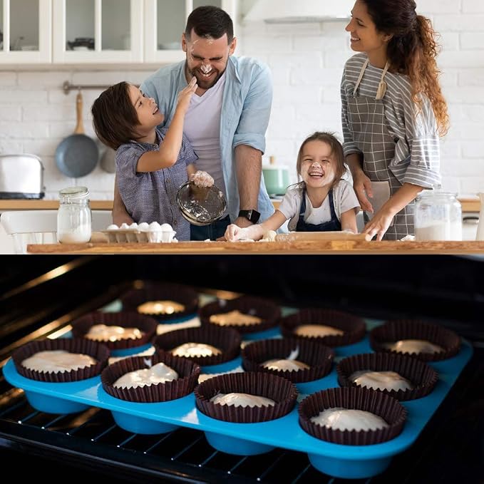 Silicone Muffin Pan Cupcake Set – Non-Stick 12 Cups and Mini 24 Cups,Silicone Baking Molds,BPA Free Muffin Tin with 1 Spatula & 1 Oil Brush (blue)