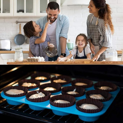 Silicone Muffin Pan Cupcake Set – Non-Stick 12 Cups and Mini 24 Cups,Silicone Baking Molds,BPA Free Muffin Tin with 1 Spatula & 1 Oil Brush (blue)