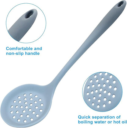Hordion 1 Pcs Silicone Slotted Spoon, Grey Strainer Spoon Non Stick Silicone Skimmer Heat Resistant Cooking Spoon