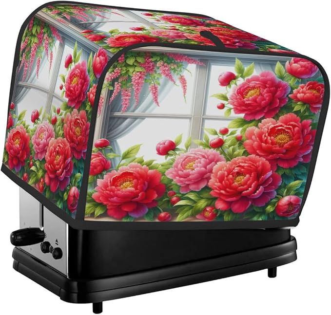Flower Floral Red Toaster Cover 2 Slice Wide Slot Washable Kitchen Appliance Covers Fingerprint Bread Machine Dust Cover Small Toaster Oven Accessories Covers Bread Maker Bag Women Gift