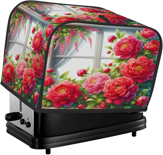 Flower Floral Red Toaster Cover 2 Slice Wide Slot Washable Kitchen Appliance Covers Fingerprint Bread Machine Dust Cover Small Toaster Oven Accessories Covers Bread Maker Bag Women Gift
