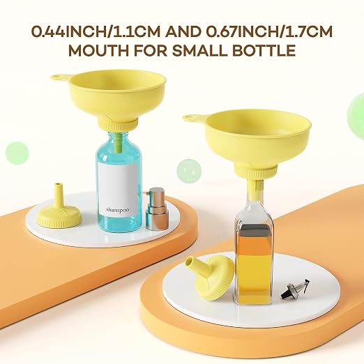 Wide Mouth Versatile Funnel, Canning Funnels for Kitchen Use, Food Grade Plastic Cooking Funnel Set with 4 Size Spouts and 2 Strainers for Filling Different Bottles and Bags, Yellow