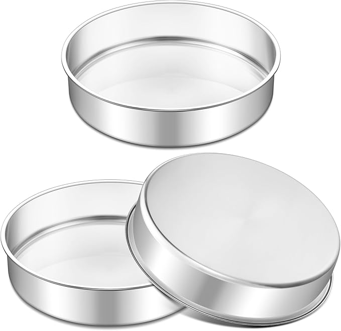 TeamFar 9 Inch Cake Pan Set of 3, Stainless Steel Round Layer Cake Baking Pans Tins for Birthday Wedding, Non-Toxic & Heavy-Duty, Mirror Finish & Leak Proof, Oven & Dishwasher Safe