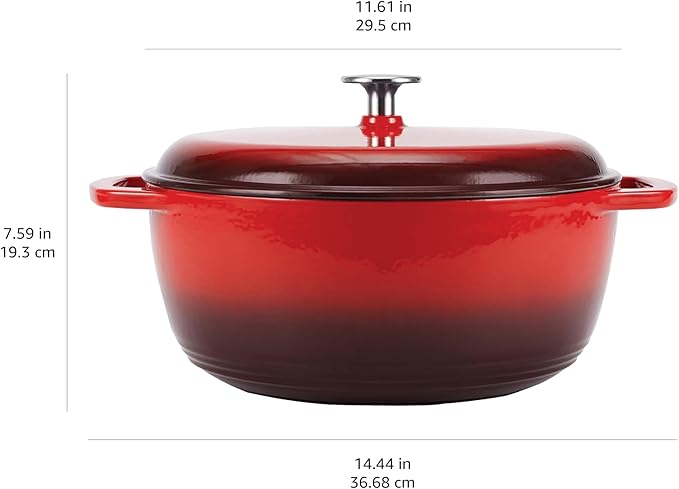 Amazon Basics Enameled Cast Iron Dutch Oven Pot with Lid, Round, Dual Handles, Heavy-Duty, Oven Safe for Stews, Roasting, Baking, 7.3-Quart, Red
