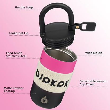 BJPKPK Insulated Stainless Steel Tumbler Cups 13oz Travel Coffee Mug With Lid And Handle,Pink And Black