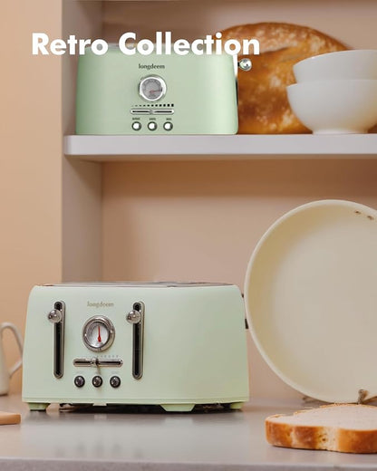 Retro 4-Slice Toaster - 6 Settings, Stainless Steel Body, Defrost/Cancel Button & Crumb Tray, Vintage Green
