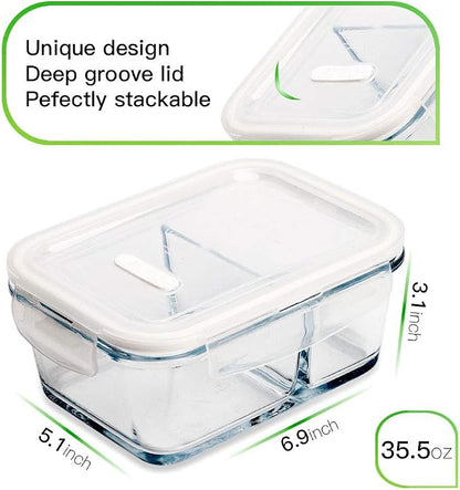 DAS TRUST 3 Pack Glass Food Storage Containers 2 Compartments Glass Meal Prep Containers with Lids Lunch Containers for Adult Food Prep Container with Dividers Reusable Lunch Bento Box