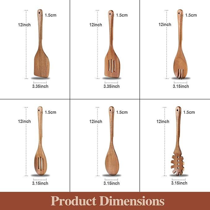 Wooden Cooking Utensils, 6 Pieces Natural Acacia Wooden Spoons For Cooking with Non Stick & Heat Resistant Design, Wooden Kitchen Utensil Set with Hanging Hole for Stirring, Mixing, Cooking