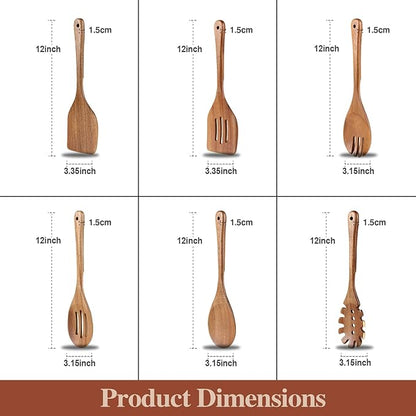 Wooden Cooking Utensils, 6 Pieces Natural Acacia Wooden Spoons For Cooking with Non Stick & Heat Resistant Design, Wooden Kitchen Utensil Set with Hanging Hole for Stirring, Mixing, Cooking