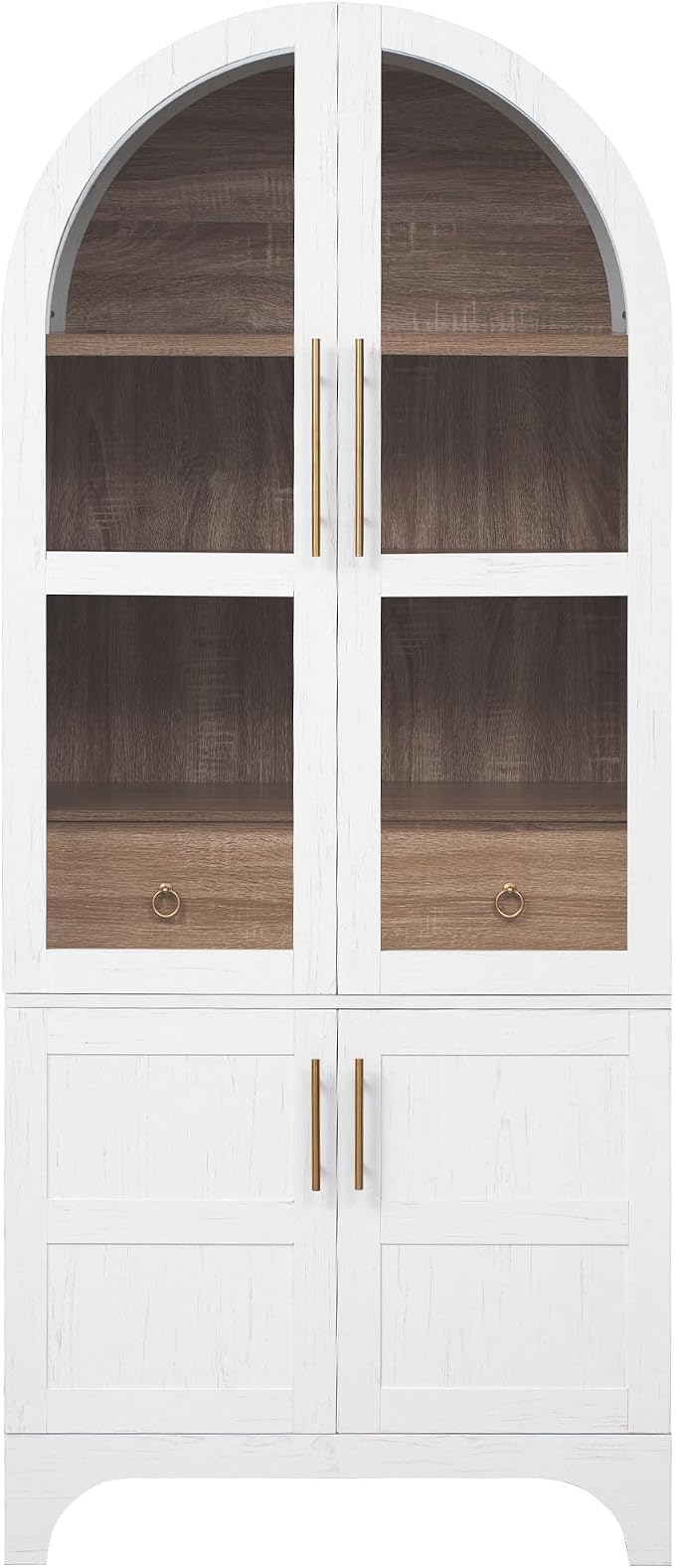 VilroCaz 71" Tall Arched Kitchen Pantry with Glass Doors and a Large Drawer, Farmhouse Kitchen Storage Cabinet with Open & Adjustable Shelves, Cupboard for Dining Room (White-6.4)