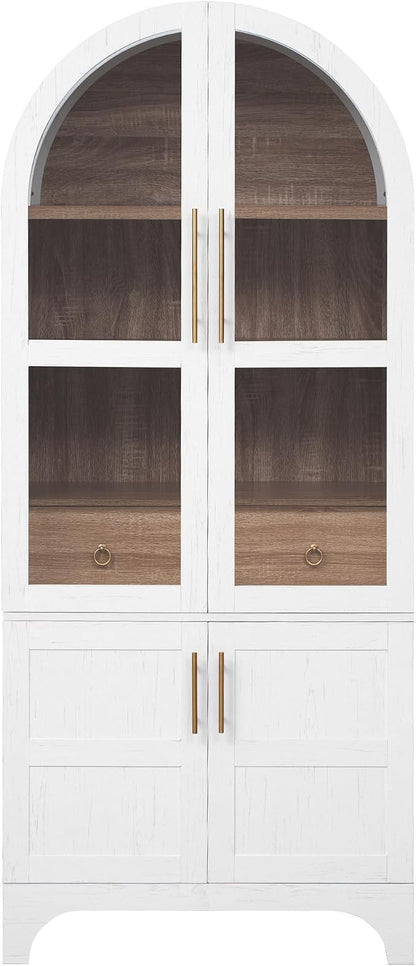 VilroCaz 71" Tall Arched Kitchen Pantry with Glass Doors and a Large Drawer, Farmhouse Kitchen Storage Cabinet with Open & Adjustable Shelves, Cupboard for Dining Room (White-6.4)