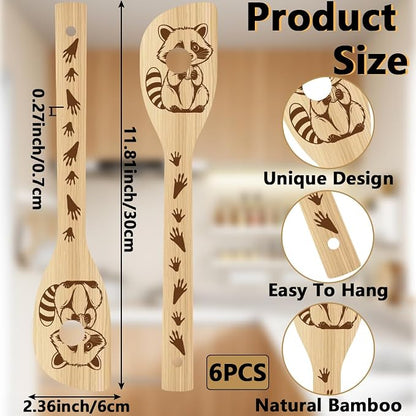 6Pcs 6 Styles Animal Cooking Spoon for Kitchen 11.8 x 2.4 Inch Bamboo Cooking Utensils Durable Wood Raccoon Kitchen Spoon Set for Housewarming Wedding Birthday Gift Farmhouse Home Decor