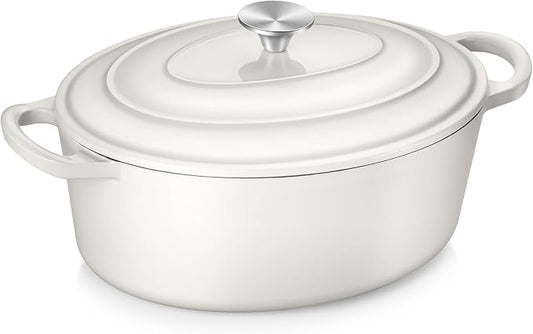 TeamFar 7QT Oval Dutch Oven, Enameled Cast Iron Dutch Oven Pot with Lid, For Bread Baking/Stewing/Braising/Frying, Suitable for Various Stoves, Non-stick & Easy Clean, White