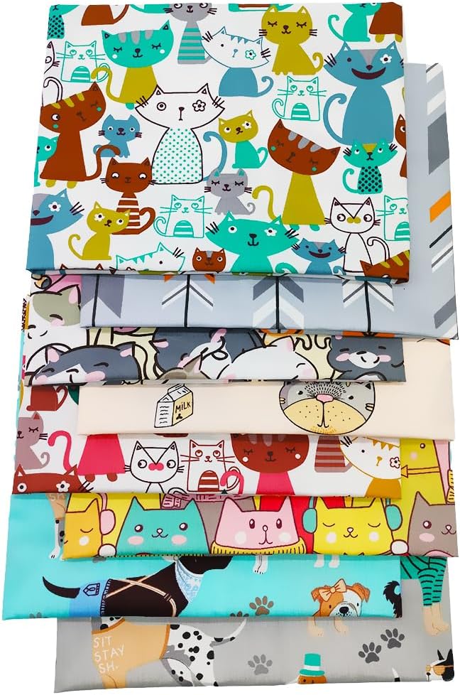8 pcs/lot Fat Quarter Fabric Bundles 100% Cotton 19.69'' x 19.69'' (50 x 50cm) Cotton Fabric Pre-Cut Squares Sheets for Patchwork Sewing Quilting Crafting, Dog Cat Pattern.