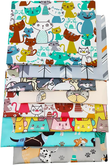 8 pcs/lot Fat Quarter Fabric Bundles 100% Cotton 19.69'' x 19.69'' (50 x 50cm) Cotton Fabric Pre-Cut Squares Sheets for Patchwork Sewing Quilting Crafting, Dog Cat Pattern.