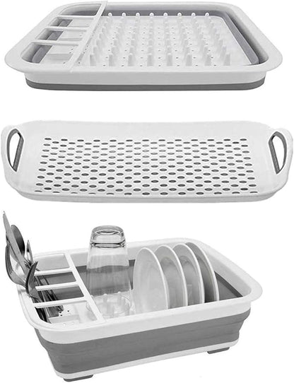 Ahyuan Collapsible Dish Drying Rack Portable Dinnerware Drainer Organizer for Kitchen RV Campers Travel Trailers Space Saving Kitchen Storage Rack with Drainboard Tray