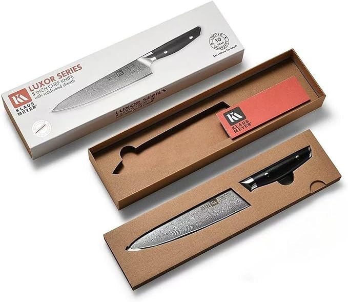 Klaus Meyer Luxor 8 Inch Chef Knife, Damascus Kitchen Knife, VG10 High Carbon Stainless Steel Japanese Chefs Knife