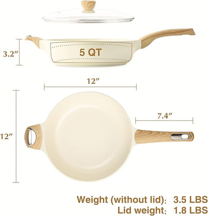 SENSARTE Ceramic Nonstick Frying Pan Skillet with Lid, 12 Inch Large Deep Frying Pan, 5 QT Saute Pan, Induction Pan, Healthy Non Toxic Cooking Pan with Helper Handle, PFOA PFAS PTFE Free