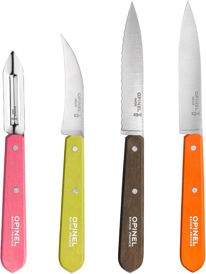 OPINEL Les Essentials - Small Kitchen 4 Piece Knife Set - Paring, Serrated, Peeler, Vegetable Knife, Corrosion Resistant High Carbon Steel, Made in France (50s)