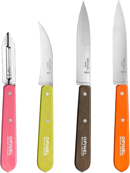 OPINEL Les Essentials - Small Kitchen 4 Piece Knife Set - Paring, Serrated, Peeler, Vegetable Knife, Corrosion Resistant High Carbon Steel, Made in France (50s)