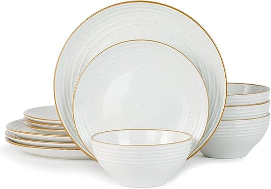 Famiware Jupiter 12-Piece Stoneware Dinnerware Set, Handcrafted Plates and Bowls with Speckles & Embossed Swirls, Chip/Scratch Resistant, Microwave/Dishwasher Safe, Modern Dishes, Service for 4, White