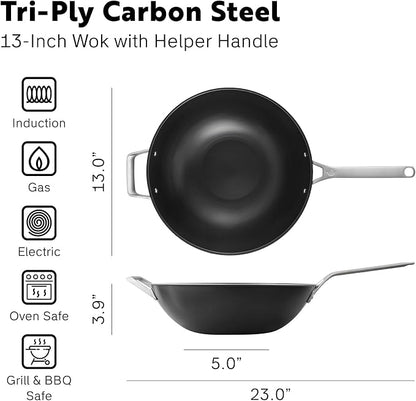 13 Inch Tri Ply Carbon Steel Wok Pan - Naturally Nonstick, Nitrided Carbon Steel - Lightweight, Non Toxic Cookware, No Coatings - Induction Wok, Oven, Outdoor Grill Cooking