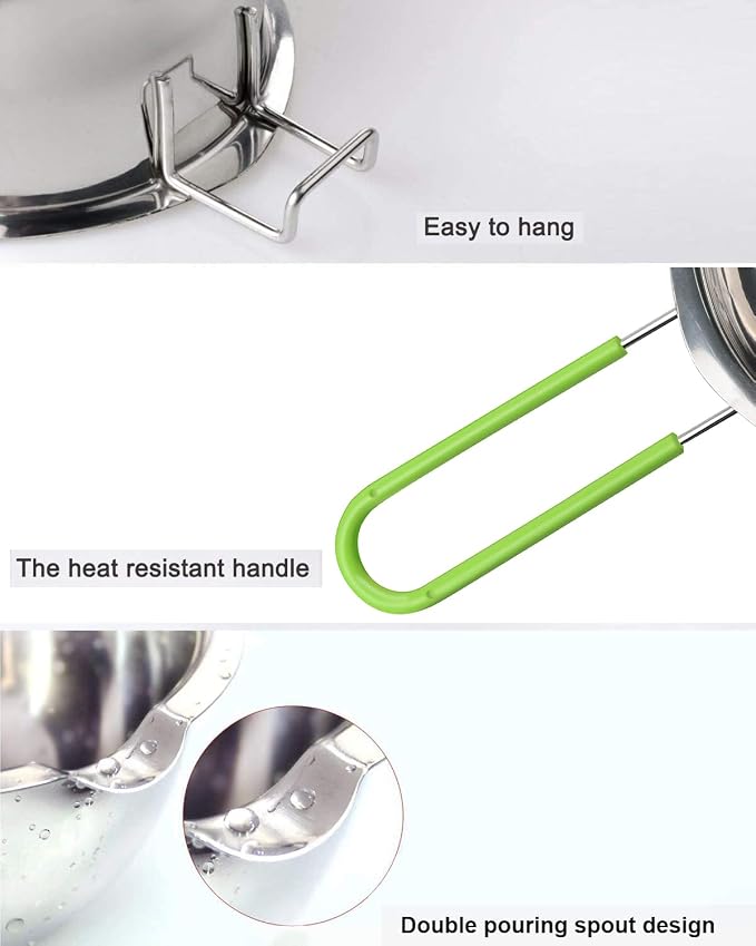 Double Boiler Pot Set, Stainless Steel Melting Pot with Silicone Spatula for Melting Chocolate, Soap, Wax, Candle Making (600ml and 1600ml,Green)