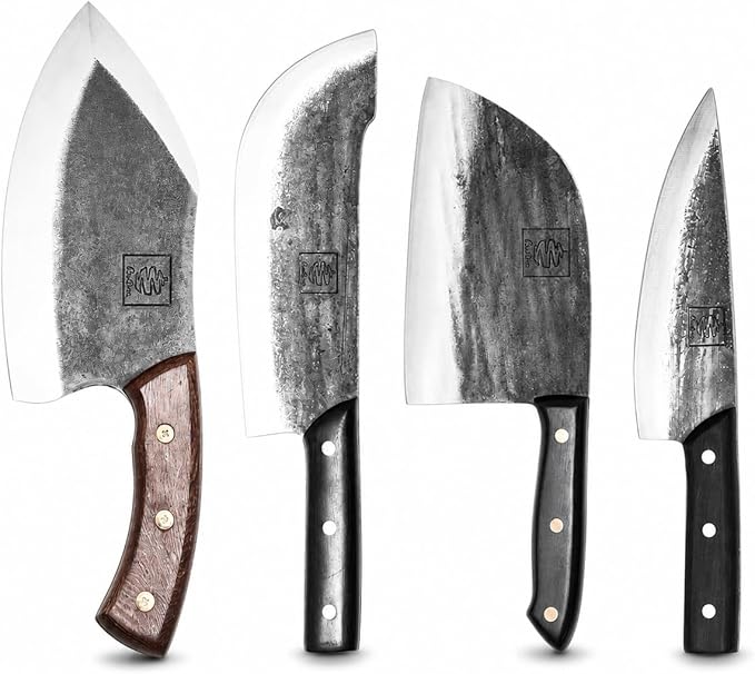 COOLINA Meat Lover 4-Knife Set, Hand-Forged High-Carbon Steel Kitchen Knives for Butchering, Slicing & Carving, Includes Promaja Cleaver, Lixy, Daozi & Altomino Tungsten Knife, Wood Handle
